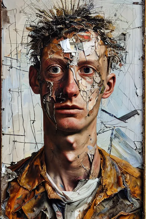 Image similar to a full length portrait of a very ordinary young man with a troubled expression, Anselm Kiefer and Lucian Freud and Jenny Saville, oil painting, rust, Scaffolding, rusted metal and sunflowers, iron cladding, decay, mixed media, textured, anatomically correct, beautiful perfect face, visible brushstrokes, sharp focus, Highly Detailed, photographic emulsion cracked and peeling, Cinematic Lighting, 8k, HD