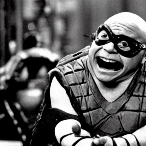 Image similar to Danny DeVito as a Ninja Turtle in Teenage Mutant Ninja Turtles (1990), film still, photo