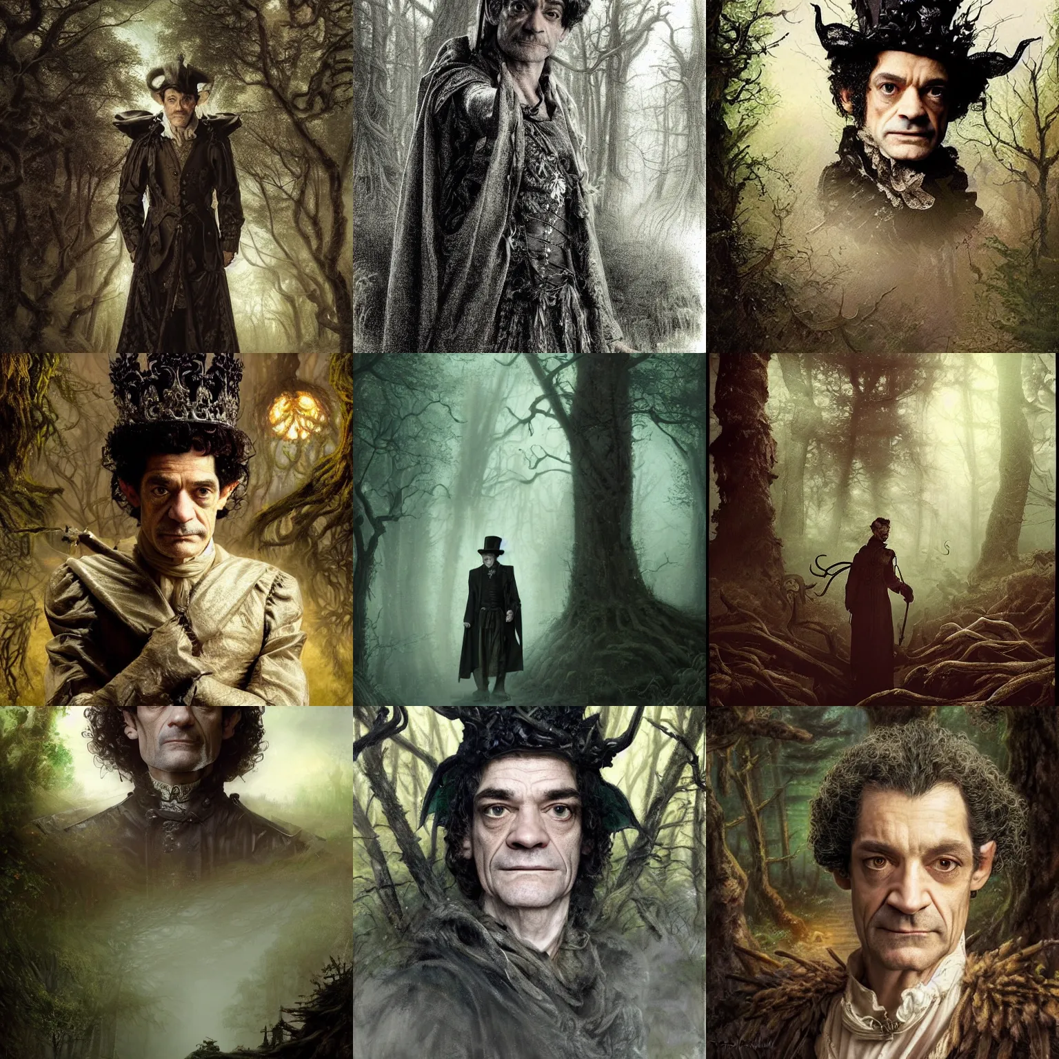 Prompt: portrait of mournful, dangerous, mysterious James Frain's Cromwell as a king of the fairy forrest. The background is a dark, creepy eastern europen forrest. night, horroristic shadows, high contrasts, photorealistic, detailed, (((lumnious))), theatrical, character concept art by ruan jia, thomas kinkade, and J.Dickenson, trending on Pinterest