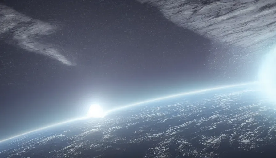 Image similar to seismic shockwave in atmosphere from space, photorealistic rendering, 4 k, dynamic lighting, directional light