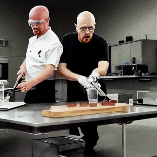 Image similar to elon musk and walter white cooking meth in a laboratory, amazing detail, detailed faces, sharp, 8k