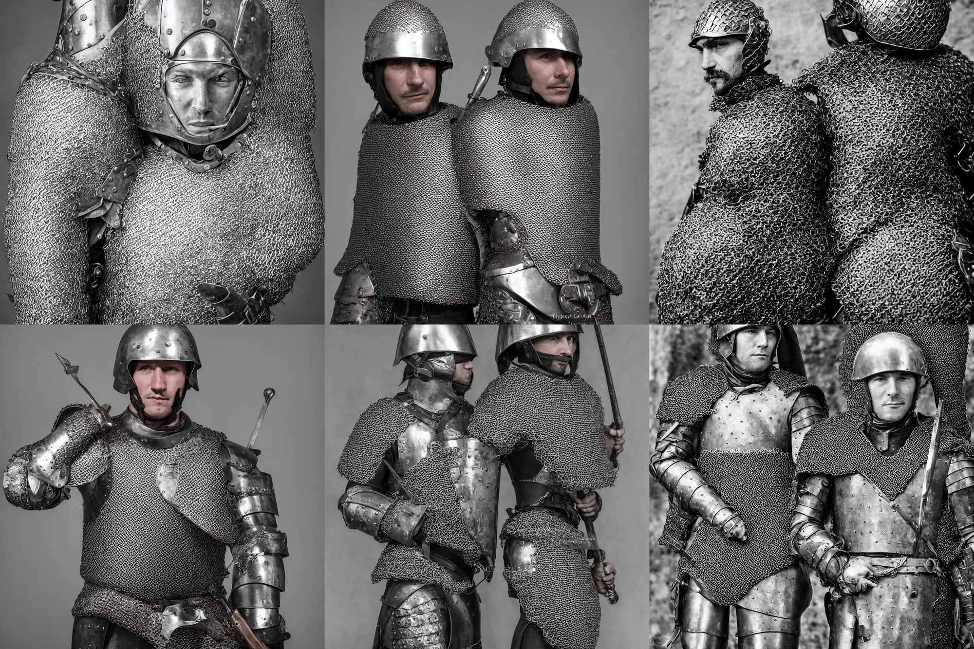 Prompt: portrait photo of a french medieval soldier, wearing chainmail and gambeson, no helmet. 8 0 mm