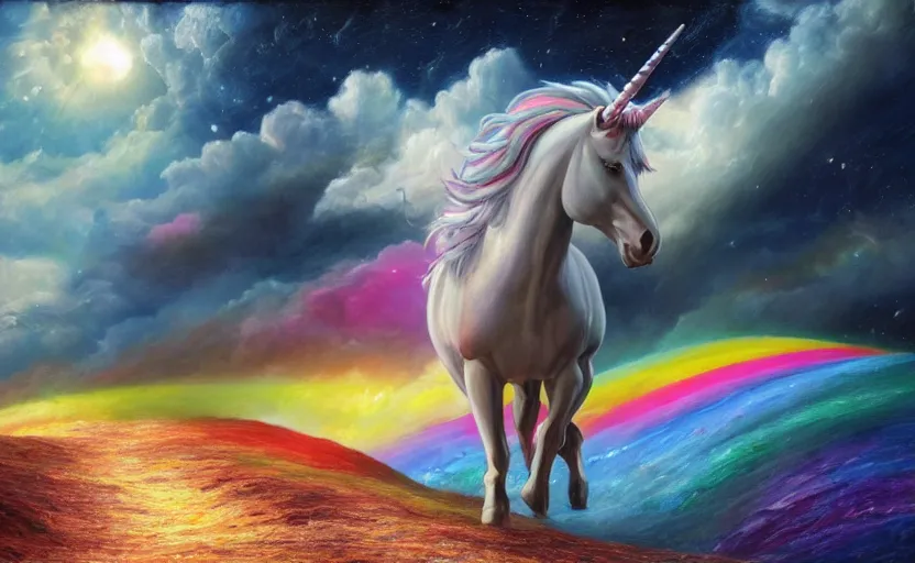 Prompt: an oil painting of a unicorn walking on an rainbow in space, masterpiece, highly detailed, high quality, 4K, anatomically correct, hyperrealistic, concept art, octane render, unreal engine 5, trending on Artstation, trending on DeviantArt, matte, historical painting, fantasy style, path traced, high coherence, soft lighting, digital painting, mythical