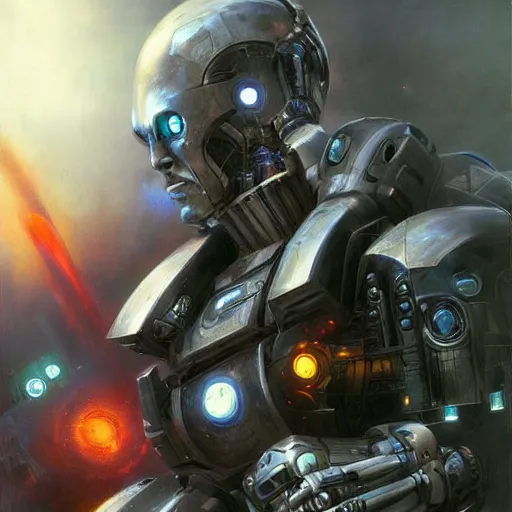 Image similar to robot cybernetic wars by raymond swanland, highly detailed, bright tones