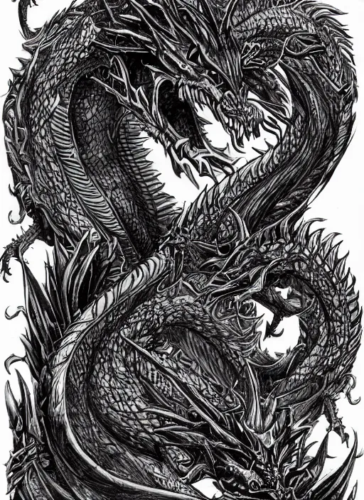 Prompt: highly detailed picture of great dragon, sketch tattoo, dark, black theme, japan style, highly detailed, masterpiece, trending on artstation, golden ratio, cinematic romantic magical, perfect intricate