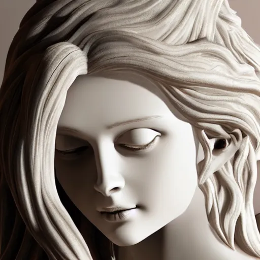 Prompt: female medusa long hair, marble statue, beautiful delicate face, macro shot head, light realistic water sapphire eyes