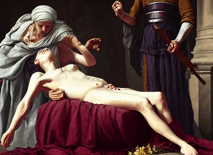 Prompt: this sorrowful picture illustrates the poignant death of lucretia which led to a revolt that overthrew the monarchy and established the republic of rome. hyperrealism, intricate details, trending on artsation