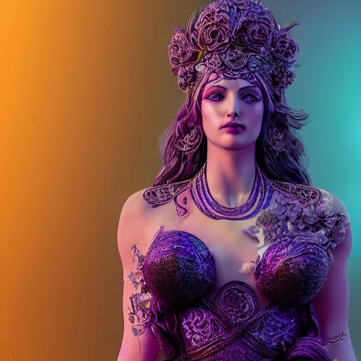 Image similar to Aphrodite Goddess of Love, intricate, portrait, character photography, Incredible purple and black illustration, highly detailed, octane render, 8k, post-processing