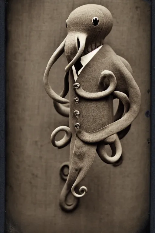 Image similar to anthropomorphic octopus , wearing a suit, vintage photograph, sepia