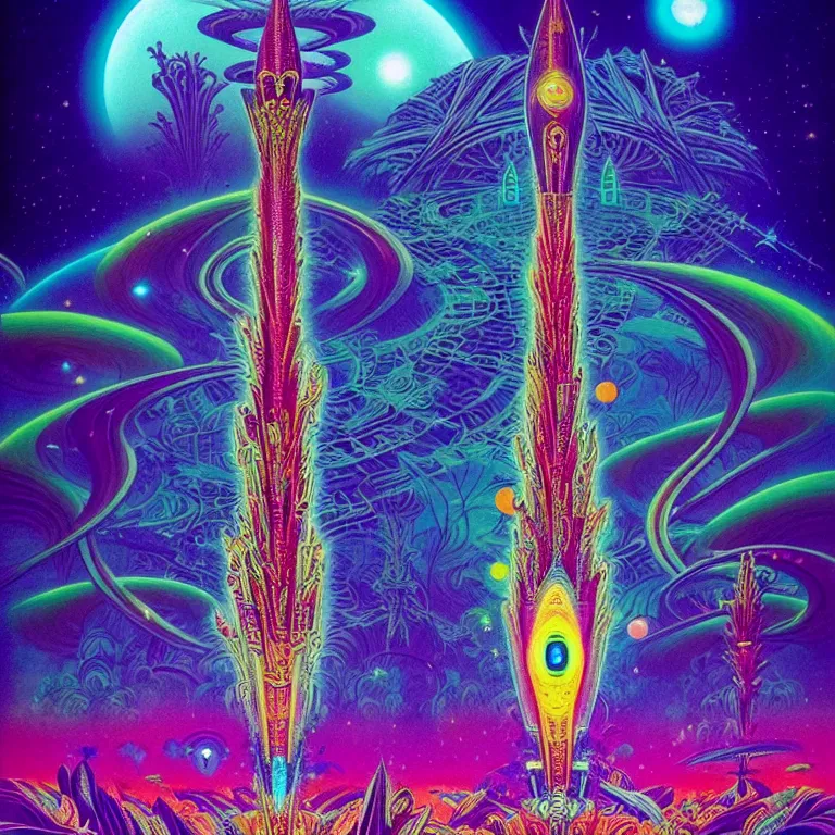 Prompt: mysterious cosmic rocket hovering over magical haunted diamond temple, infinite hallucinogenic fractal waves, # f 2 2 2 ff # 8 c 1 eff synthwave, bright neon colors, highly detailed, cinematic, eyvind earle, tim white, philippe druillet, roger dean, ernst haeckel, lisa frank, aubrey beardsley, kubrick, kimura