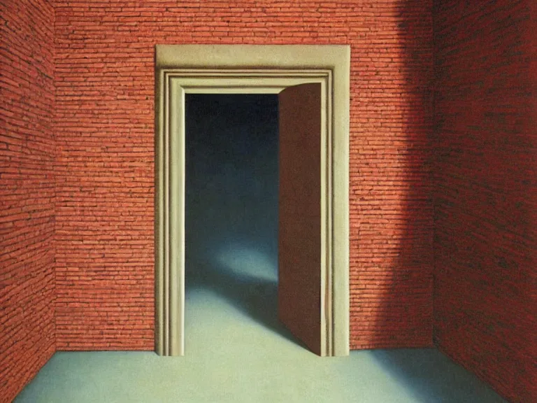 Image similar to an open door to nothingness in brick wall with endless hallway inside, painting by rene magritte, centered, high detail, high resolution