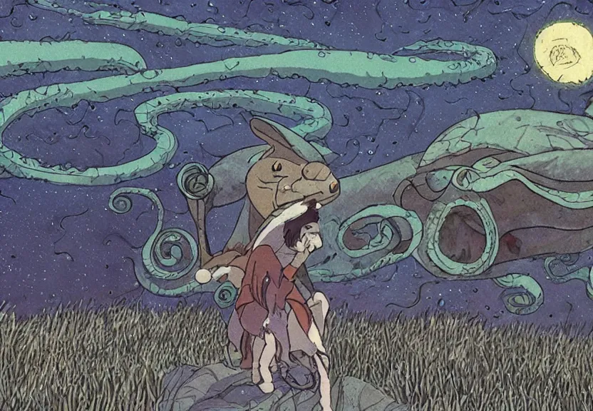 Image similar to a cell - shaded cartoon from princess mononoke ( 1 9 9 7 ) showing a lovecraftian eel. in the background is stonehenge on a misty and starry night. very dull muted colors, hd, 4 k, hq