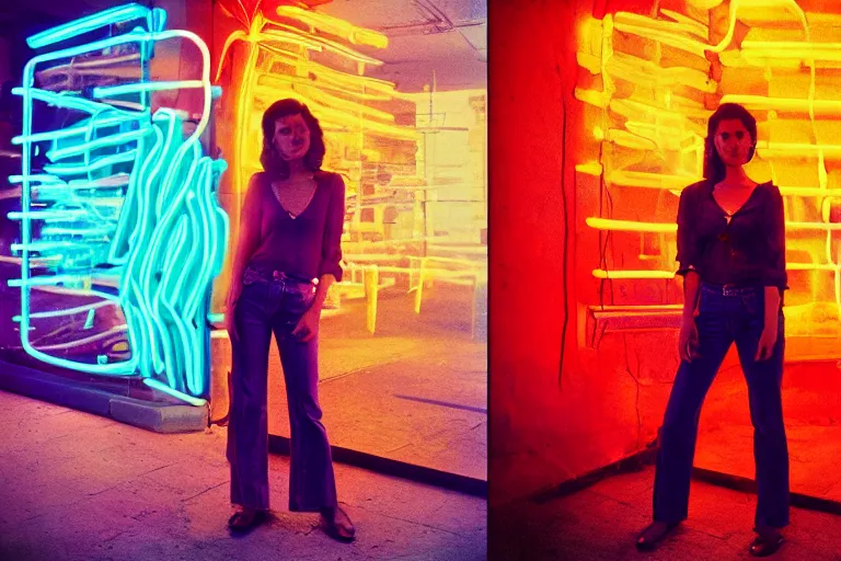 Image similar to stylized poser of a single jalpa thick neon lights ektachrome photograph volumetric lighting f 8 aperture cinematic eastman 5 3 8 4 film