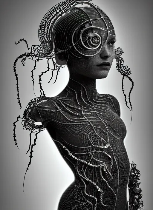 Prompt: surreal mythical dreamy dark artistic black and white fine art photo of a beautiful young female medusa - cyborg covered with translucent algae, highly detailed, intricate crystal ivy jelly fish scales ornate, lace web, poetic, octane render, 8 k, photo - realistic, by man ray