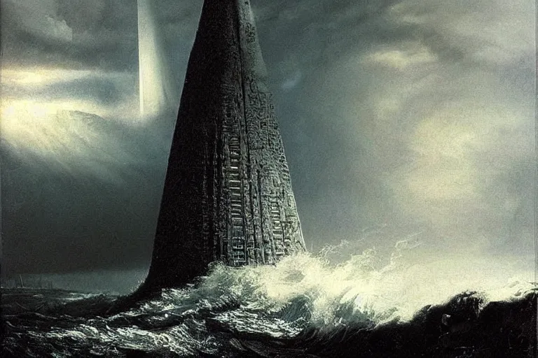 Prompt: awesome landscape rain lighting waves crashing by peder balke with an tall alien structure tower obelisk platform by hrgiger!!!!!