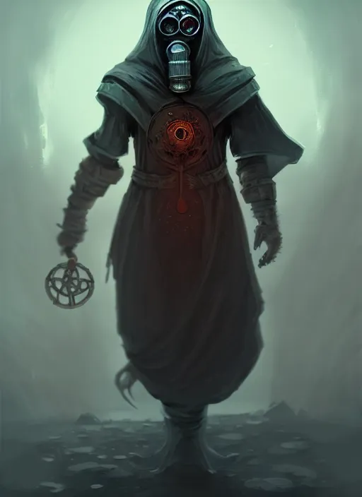 Prompt: concept art illustration of the old necromancer, wearing a wizard cloak, gas mask, by peter morchbacher, un the style of angelarium, hyper detailed, intricate, complex, 8 k, crisp,