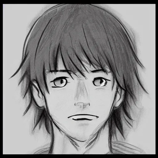 Image similar to simple sketch of a teenage boy with very short side part hair smiling trending on artstation