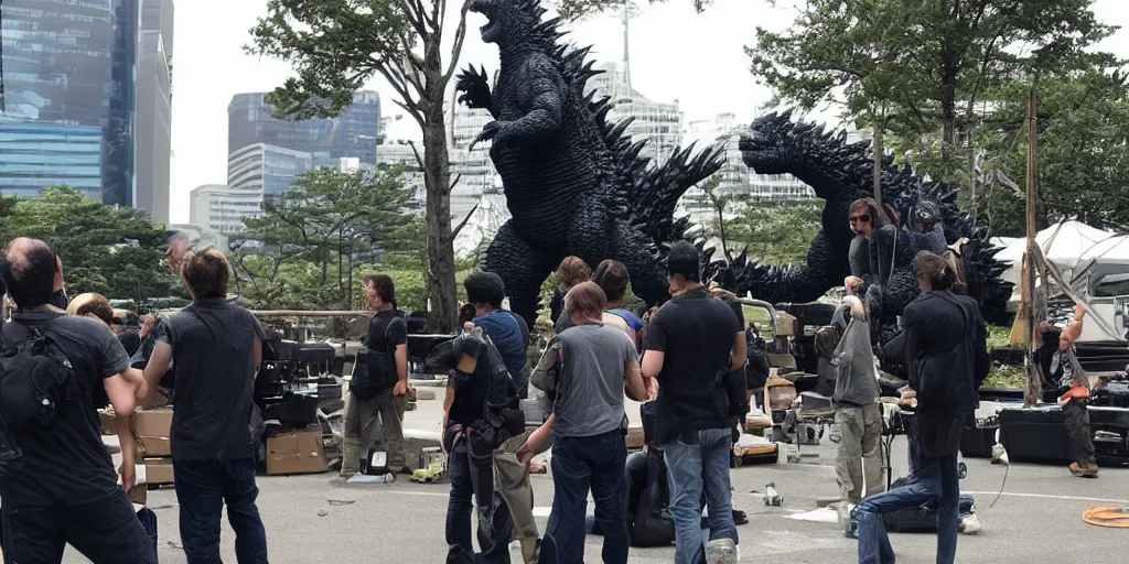Image similar to godzilla is on a film set, the crew is setting up the next shot, the director is yelling directions into a blowhorn