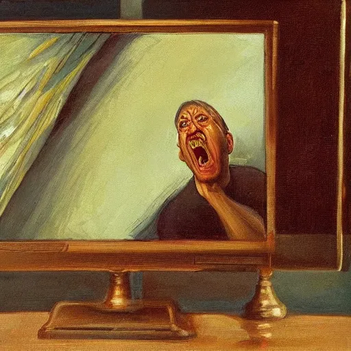 Image similar to an angry man screams at his computer monitor, oil on canvas, 1 8 8 3, highly detailed