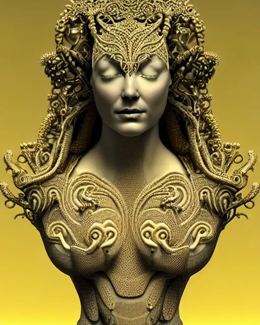 Image similar to bw 3 d render of a beautiful female queen - cyborg - vegetal, intricate fractal ornament in the bust with a very long neck, elegant, highly detailed intricate rococo ornament in her blond long hair, realistic, refined, highly detailed, cinematic outdoor lighting, by flora borsi in the style of dora maar, volumetric lighting, hyper realistic photography
