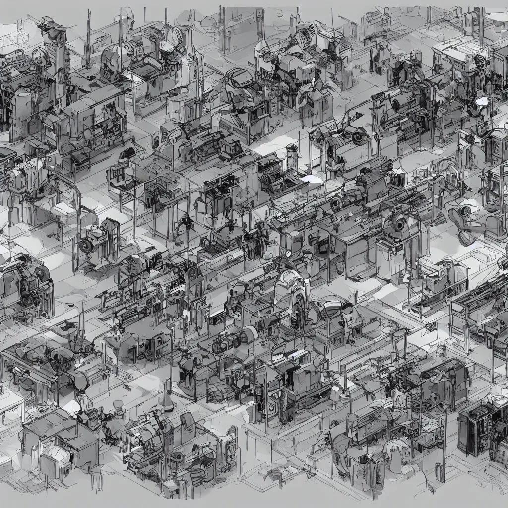 Image similar to storyboard sketches of robot factory production line, cinematic, epic, 4 k, concept art by feng zhu