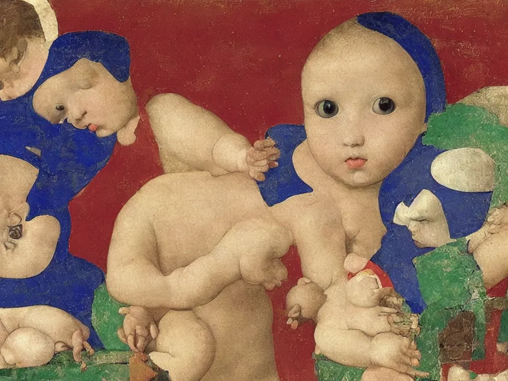 Image similar to close up of baby in a box. lapis lazuli, malachite, cinnabar, gold. painting by piero della francesca, balthus, agnes pelton