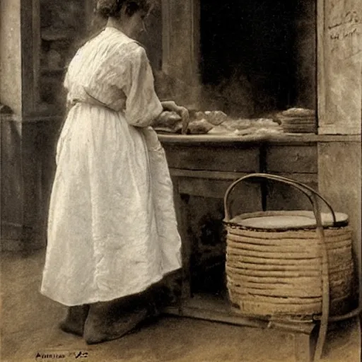 Image similar to a young edwardian woman baking bread in a cozy french kitchen, in the style of Anders Zorn