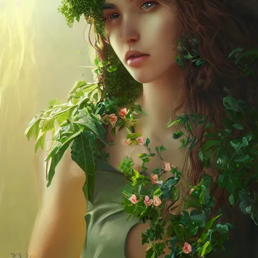 Image similar to A gorgeous young woman plant hybrid, vine and plants and flowers, intricate, digital painting, highly detailed, concept art, Artstation, Cgsociety, Artgerm, cinematic lighting