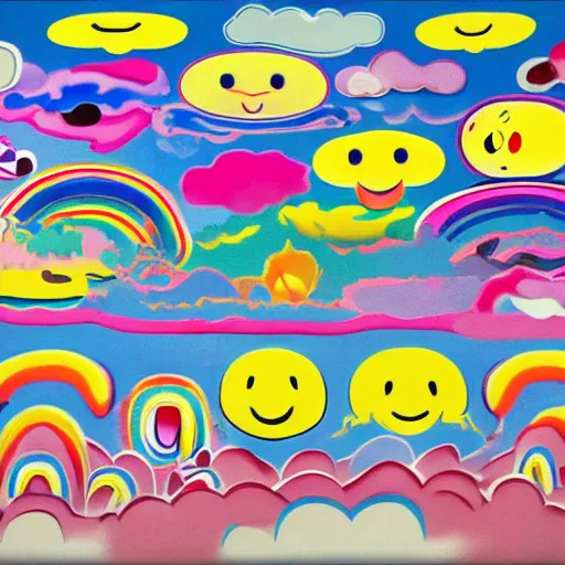 Prompt: clouds with rainbow colors, smiley faces, Edvard Munch, David Hockney, Takashi Murakami, Minimalist,