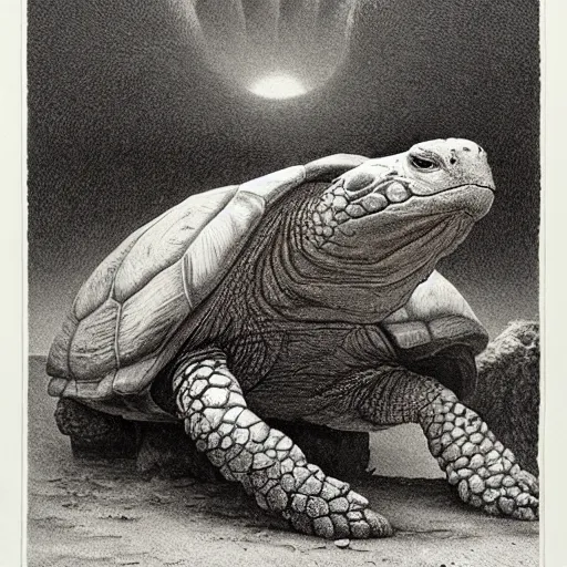 Image similar to A tortoise covered in blood, roaring in antipication of death, style of keith thompson, laurie lipton, Zdzisław Beksiński