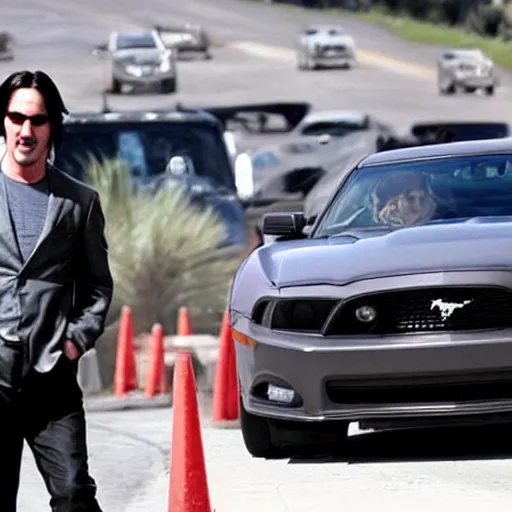 Image similar to Keanu Reeves driving ford mustang