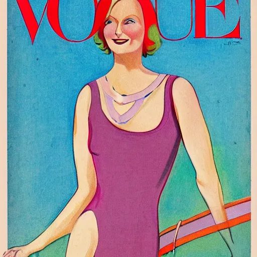 Image similar to a 1 9 2 8 cover of vogue. happy, healthy, beautiful, smiling, young, sporty, glowing greta garbo in decent swim wear. realistic detailed drawing