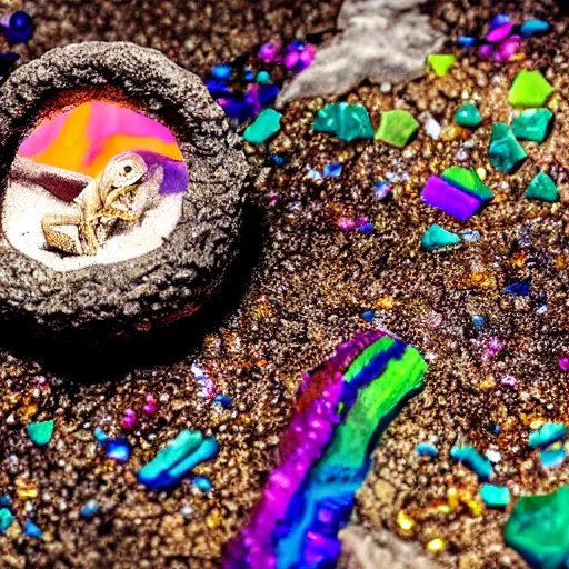 Prompt: photorealistic small dinosaur skeleton inside a geode of colored crystals