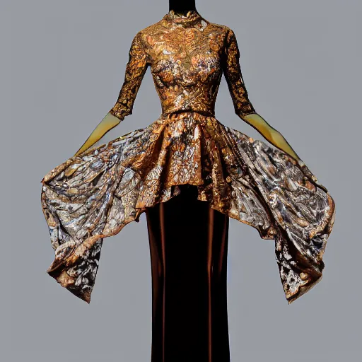 Image similar to exclusive evening dress made of bronze transparent fabric fantasy with colored flower petals made of fabric. intricate asymmetrical patterns. an elegant hat. hyperrealistic photos, clear details.