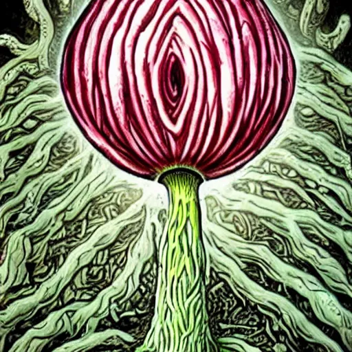 Prompt: Lovecraftian Giant Onion worshipped by a cult, communist propaganda