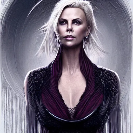 Image similar to a photo of charlize theron as a sorceress, urban motifs, intricate, elegant, highly detailed, digital painting, trending on artstation, concept art, smooth sharp focus, illustration, art by artgerm and greg rutkowski