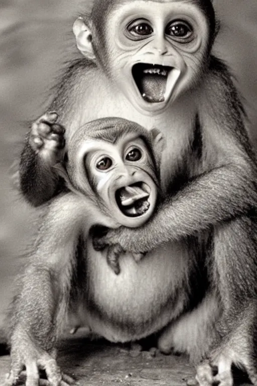 Image similar to horrifying failed soviet experiment, baby monkey hybrid, disturbing, vintage photo