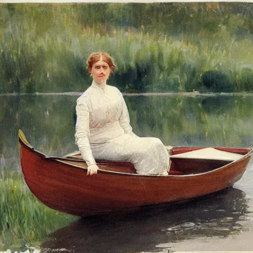 Image similar to An edwardian woman sitting in a boat on a calm lake in the style of Anders Zorn