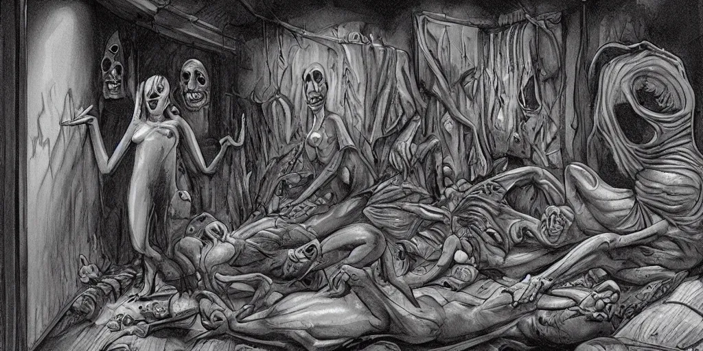 Image similar to a damp hoarders basement where a scary looking alien and a women sleep, in the style of Boris Vallejo