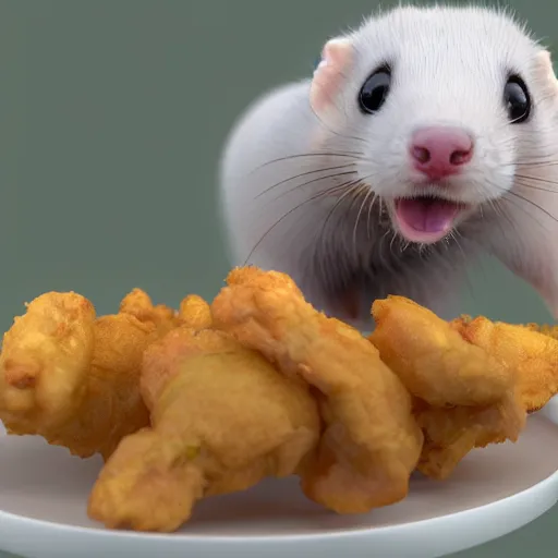 Prompt: a cute ferret eating fried chicken, realistic 3 d render, cute character, 8 k
