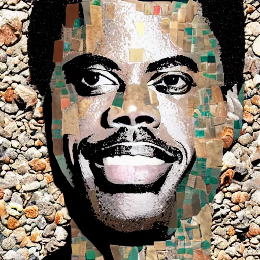 Prompt: a portrait of of chris rock constructed from rocks, collage, drop shadow, organic, layered composition, layers, texture, mcu, petals, highly textured, layered, sculpted, dynamic,