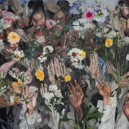 Prompt: a thousand of hands touching flowers, by Jenny saville and justin mortimer and ben aronson. Dark and atmospheric