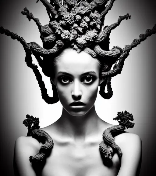 Image similar to dark background, a black and white high quality dreamy photo of a young beautiful female queen-vegetal-dragon-cyborg bust with a very long neck and delicate Mandelbrot fractal face, anatomical, facial muscles, veins, arteries, elegant, highly detailed, flesh highly baroque ornate, hair are curled wired cables, elegant, poetic, dreamy, mysterious, high fashion, rim light, in the style of Ellen von Unwerth, Realistic, Refined, Digital Art, Highly Detailed, Cinematic Lighting, rim light, black and white, photo-realistic, 8K