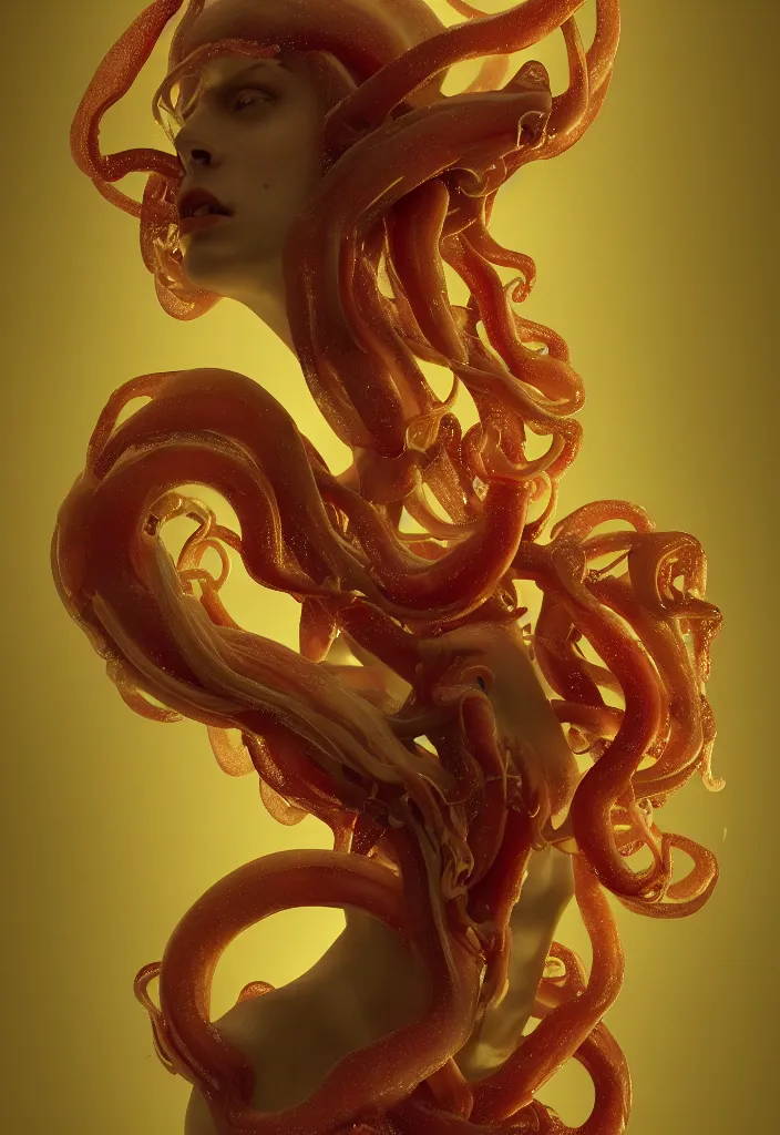 Image similar to subsurface scattering, medusa made of soft wax, cgsociety, translucent, organic squid and ceramic art nouveau swirls, golden orbs, colored smoke, in the style of alberto seveso and ruan jia and beeple and giger, mystical colors, back light, rim light, dramatic lighting, 8 k, stunning scene, raytracing, octane render