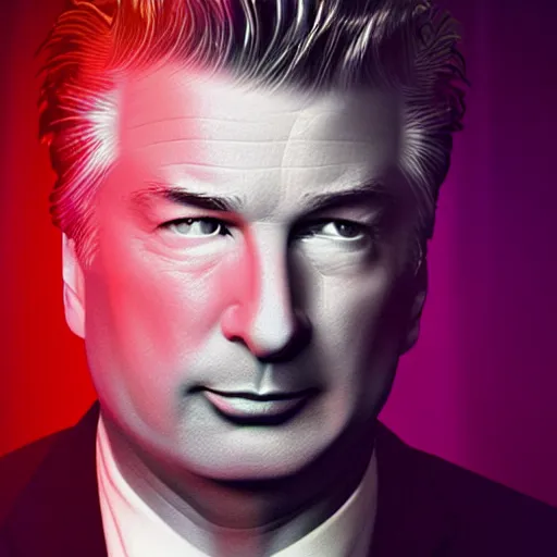 Image similar to retrowave splintered very strange portrait of alec baldwin