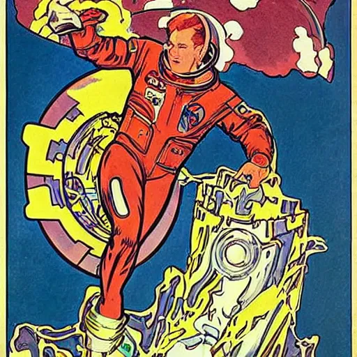 Image similar to a man with red hair, floating in space. he is an astronaut, wearing a space suit. he is fixing his space rocket. well composed, clean elegant painting, beautiful detailed face. retro comic book art by steve ditko and jack kirby and ( alphonse mucha )