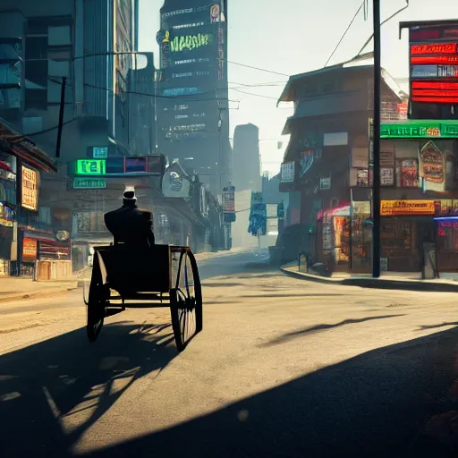 Image similar to Amish man driving his buggy. Cyberpunk 2077. CP2077. 3840 x 2160
