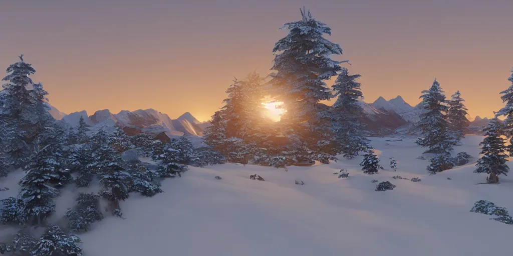 Image similar to a beautiful landscape, sun rises between two snowy mountains, 3 d artwork by phillipp urlich, unreal engine 5, extremely detailed, hyper realism