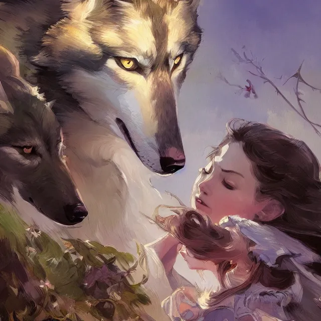 Image similar to book cover for a wolf and girl love story, portrait, elegant, intricate, digital painting, artstation, concept art, smooth, sharp focus, illustration, art by konstantin korovin and daniel f. gerhartz and john howe