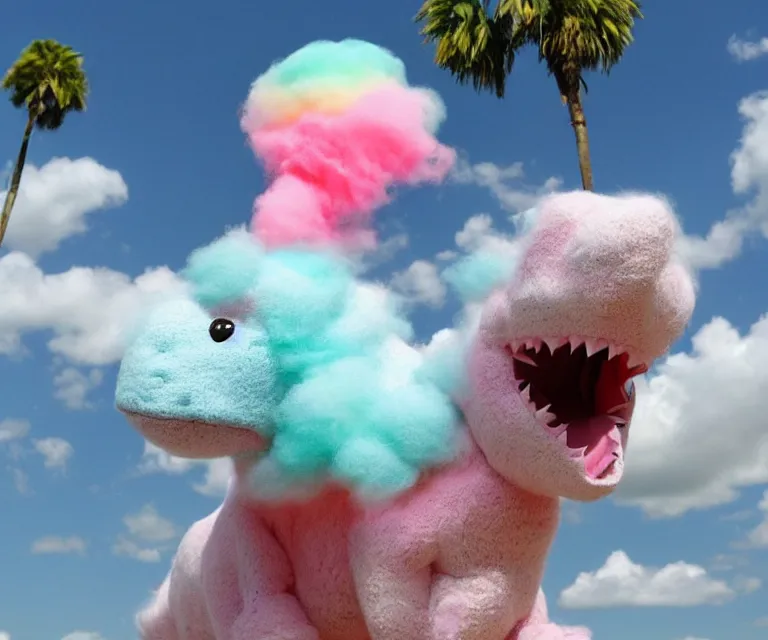 Image similar to a cute little dinosaur, cotton candy, fluffy clouds